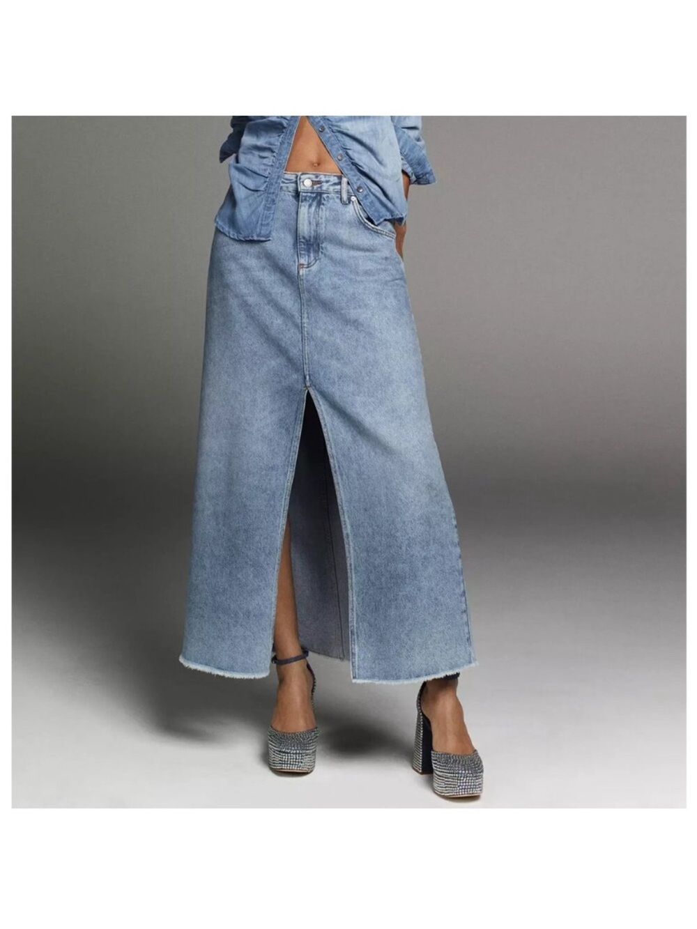 Pilcro The Madi Front Slit Denim Maxi Skirt Light Wash Blue Women Size 2 NEW